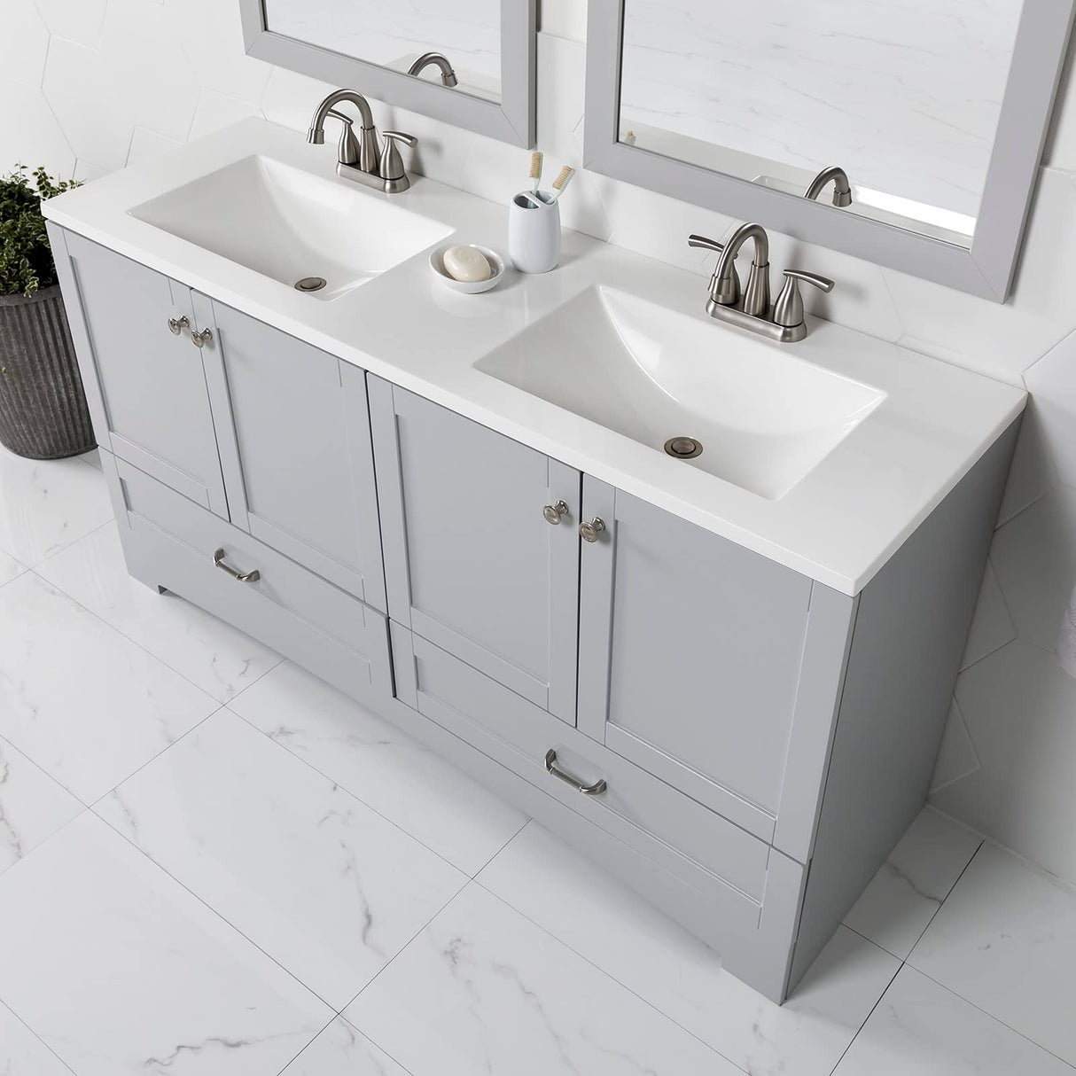 Spring Mill Cabinets Emlyn 60 Inch Double-Sink Bathroom Vanity with White Top, 2 Cabinets, 2 Drawers, 60.5" W x 18.75" D x 32.89", Pearl Gray Spring Mill Cabinets