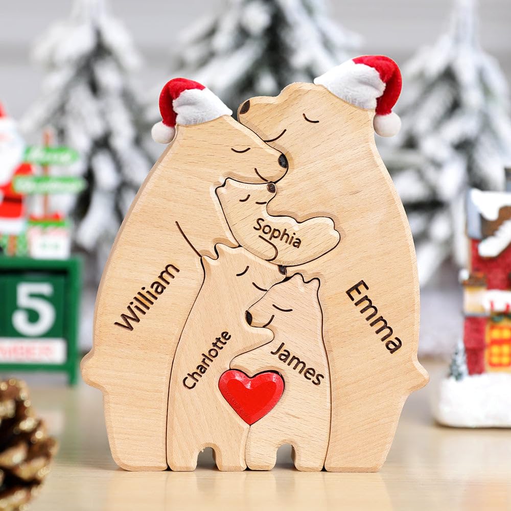 Personalized Wooden Bear Puzzle with Santa Hat and 1-8 Family Name, Custom Family Name Sculpture - Ideal for Christmas, Birthdays, Housewarming - Unique Wooden Decor Gift for Mom and Dad Smile lab