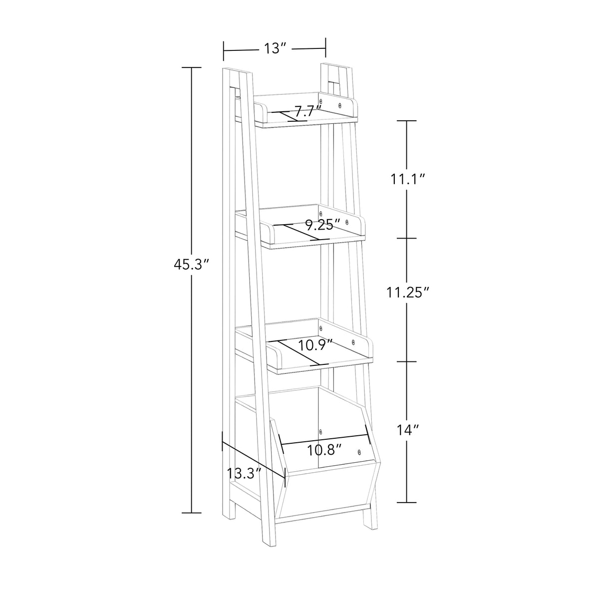 RiverRidge Amery 4-Tier 13 Inch Ladder Shelf Display Case Open Shelves & Storage Bin and 2 10” Floating Bookshelves - Organizer Furniture RiverRidge