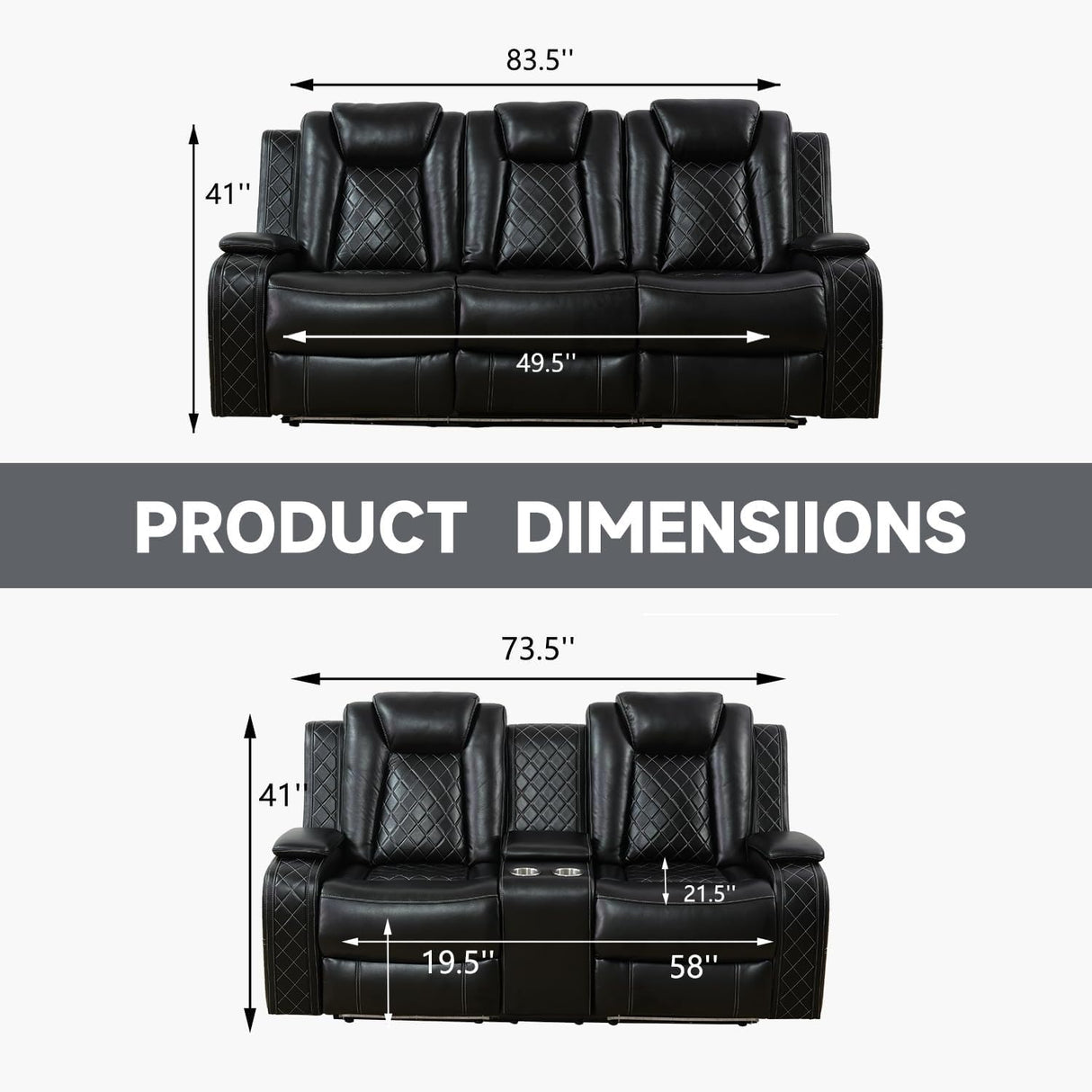 AYCP Furniture Power Recliner Set with LED Lights, Air Leather Reclining Set with USB Port/Wireless Charger/Storage Console/Cup Holder for House/HomeTheater/Apt (Black, Sofa Loveseat) AYCP Furniture