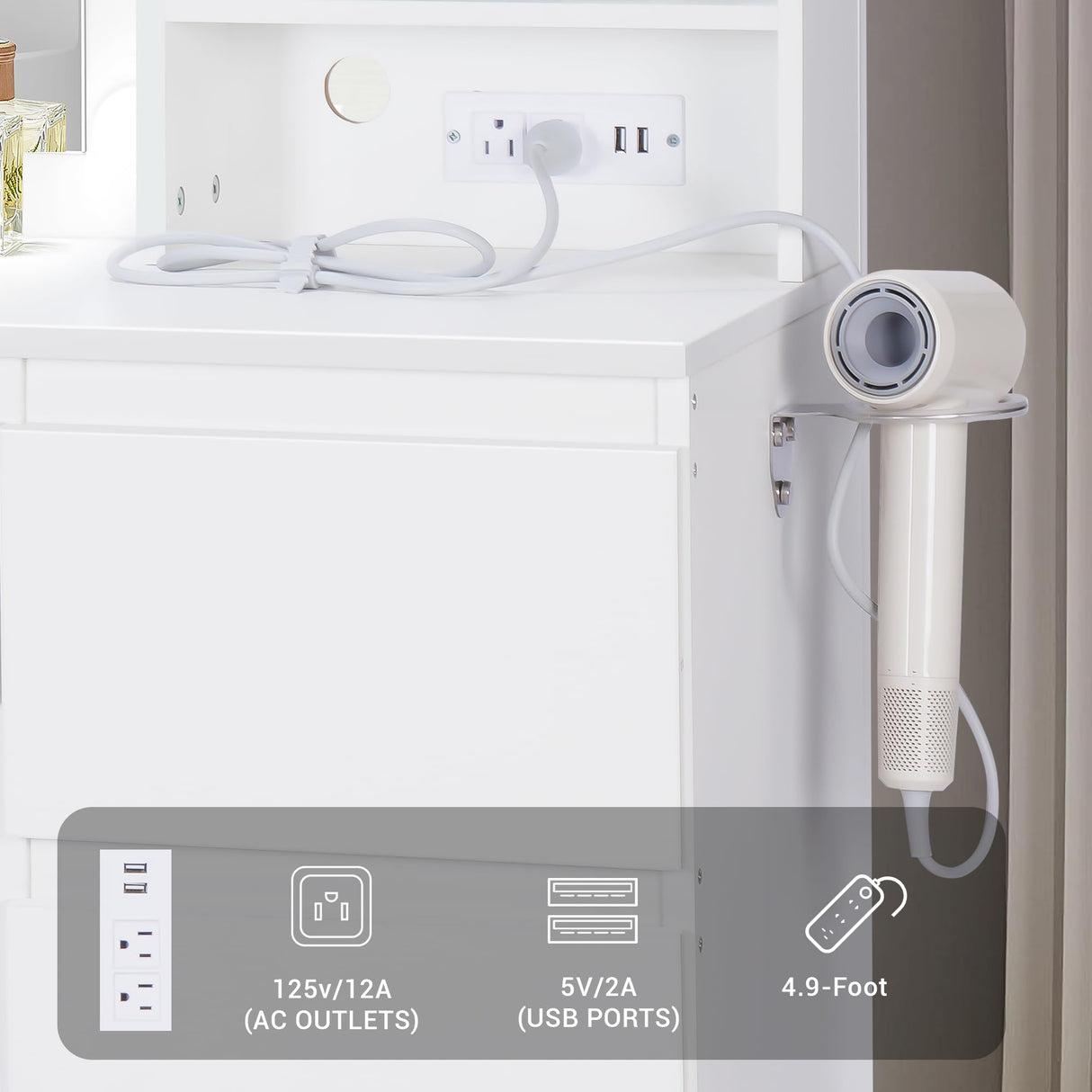 Lynxor Vanity Desk with Mirror and 12 LED Lights, Makeup Vanity Table with USB & Power Outlets, Spacious Storage Drawers, Shelves, and Cushioned Stool, Perfect for Bedroom, Hairdryer Holder, White Lynxor