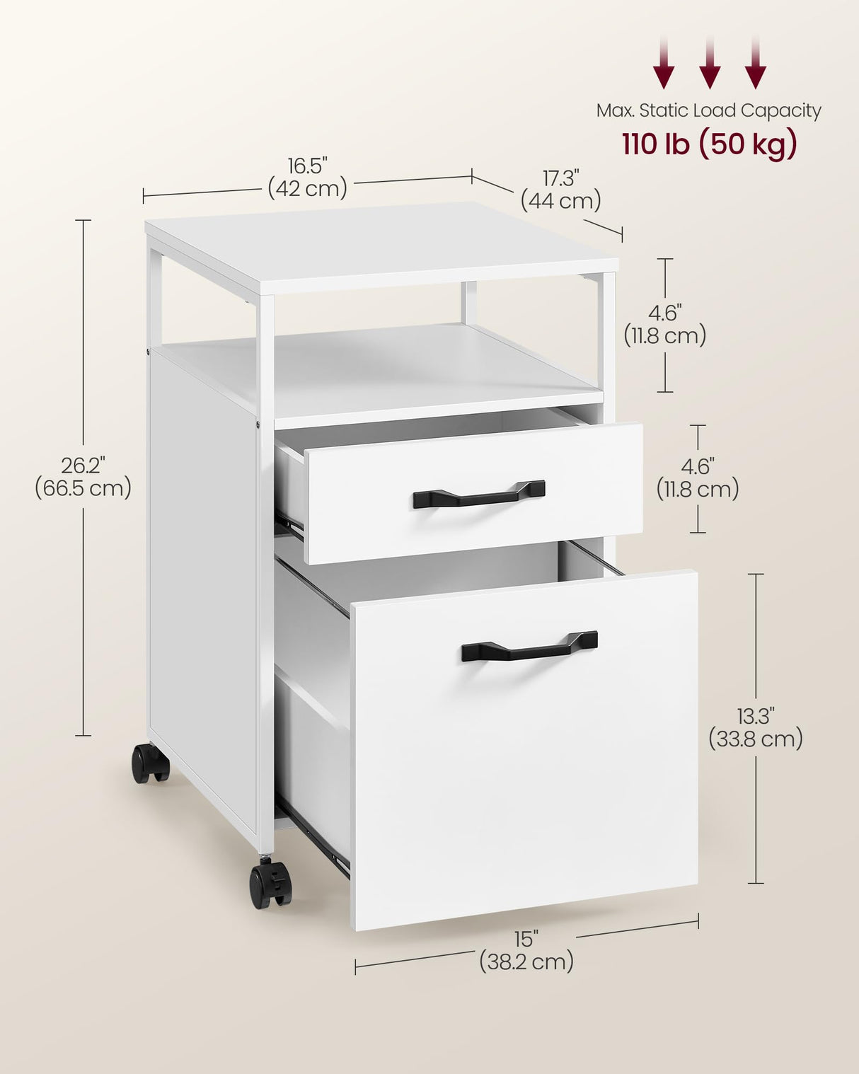 VASAGLE File Cabinet, Mobile Filing Cabinet with Wheels, 2 Drawers, Open Shelf, for A4, Letter Size, Hanging File Folders, Cloud White UOFC071W14 VASAGLE