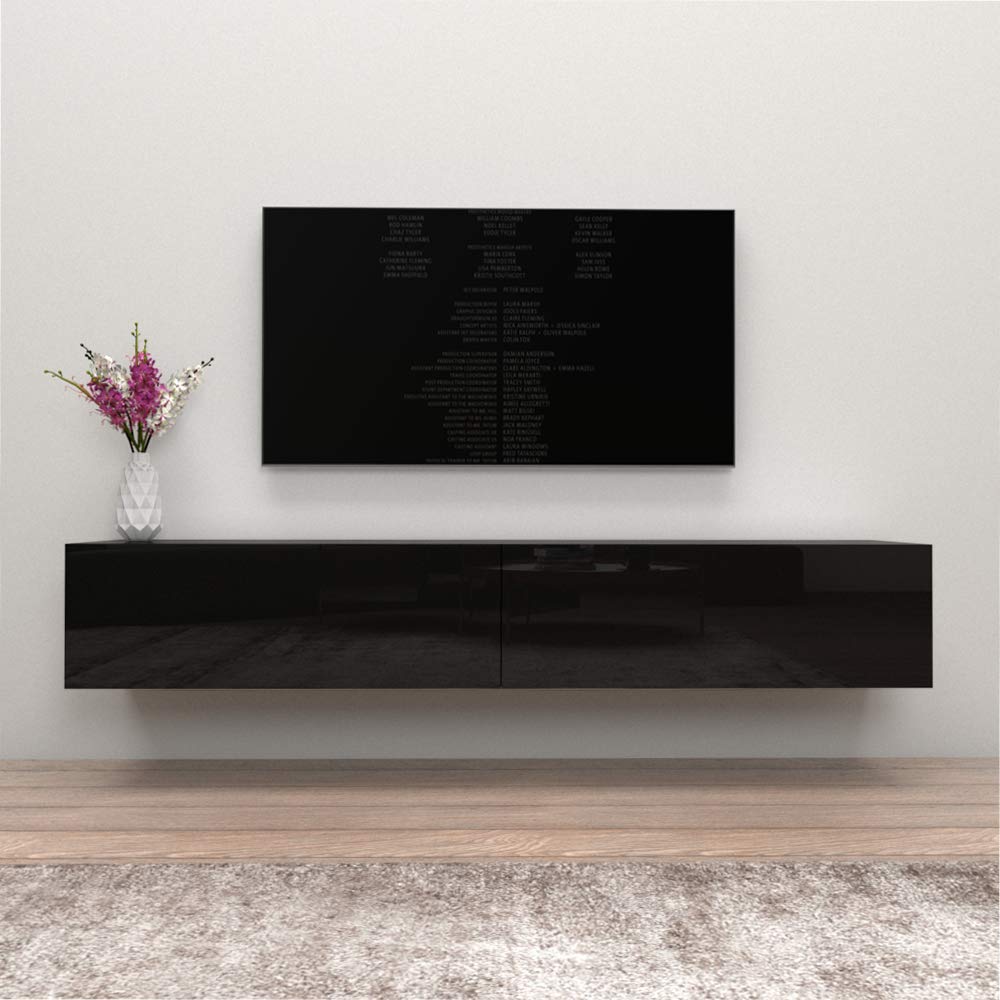 Meble Furniture Berno TV Stand - Wall-Mounted Entertainment Center Console for Bedroom & Living Room - Modern TV Floating Entertainment Center with Storage & Bookcase TV Stand Upto 71" - Black MEBLE FURNITURE & RUGS