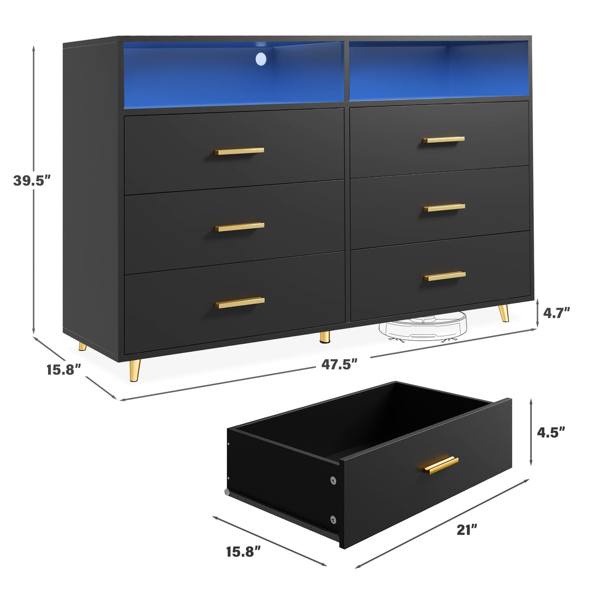 EnHomee Dresser for Bedroom,Black Dresser with LED, Wood Dresser with Smooth Metal Rail, 6 Drawer Dresser with Large Organizer Large Dresser & Chests of Drawers Wide Dresser Bedroom Furniture,Black EnHomee