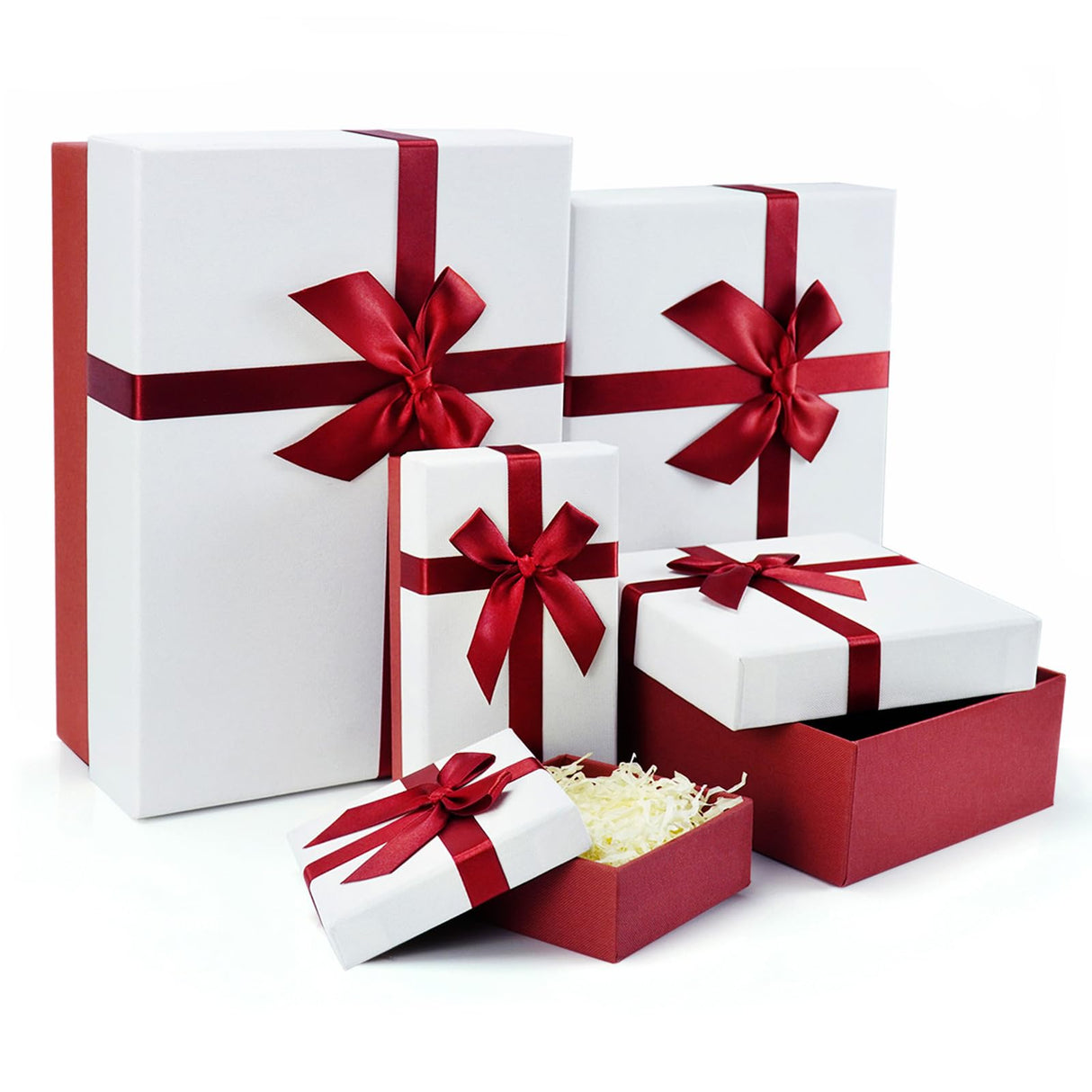 Gift Box for Present, 5 Christmas Gift Boxes with Lids, Boxes for Gifts, Red Gift Boxes with Ribbon for Holidday, Christmas, Celebration, Birthday, Weddings, etc.(Red/White) Eerbaier