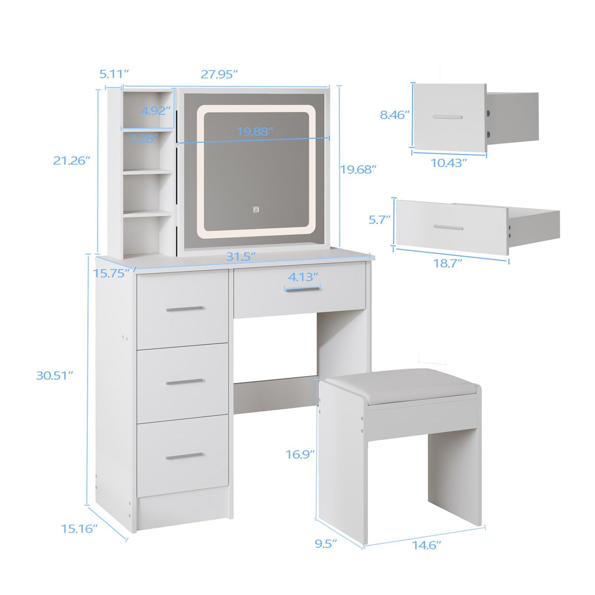 Vanity Desk Set with LED Lighted Mirror & Power Outlet, Makeup Vanity with Chair & 4 Drawers, Vanity Table with Sliding Mirror, Vanity Set 3 Lighting Modes Brightness Adjustable Duoku