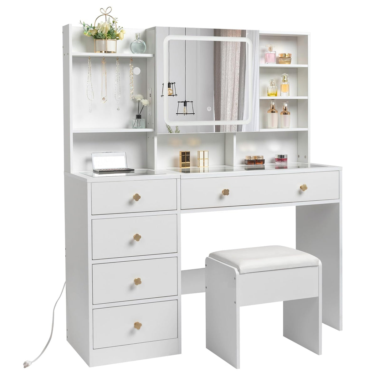 Karl home Makeup Vanity with Lighted Mirror Bedroom Vanity Desk with Charging Station Large Vanity Set with Transparent Desk, Drawers, Cabinet, Shelves for Storage in Bedroom, White Karl home