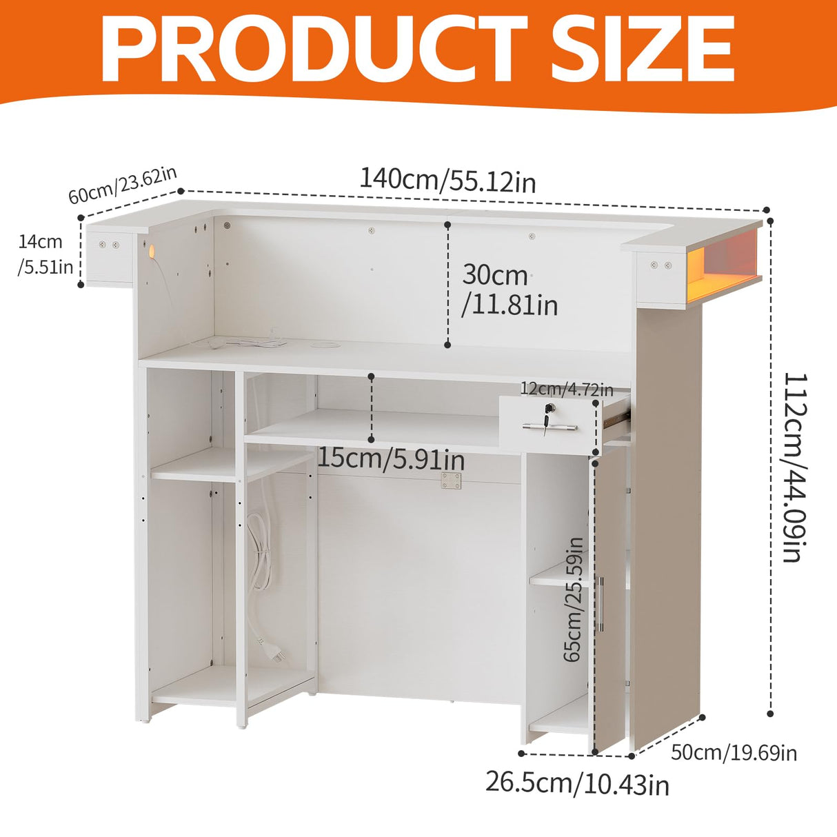 PAKASEPT Reception Desk with LED Lights, 55-Inch Front Counter Table with Lockable Drawer & Glass Display Shelf, Reception Room Table with Cable Grommet for Checkout, Lobby, Beauty Salon PAKASEPT