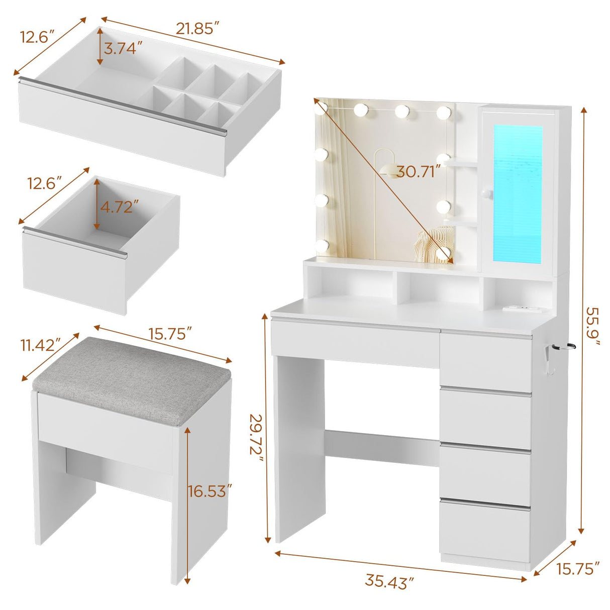 ERLEJIA Vanity, Vanity with Mirror and Lights, 35.43" Makeup Vanity Desk with Stool and Power Strip, Dressing Table with 6 Drawers and 6 Open Shelves with RGB LED Lighting Cabinet, White ERLEJIA