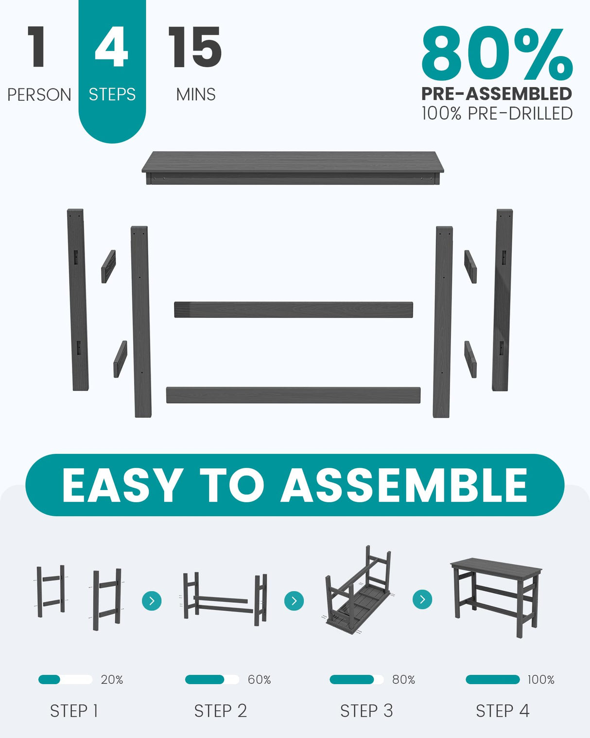SERWALL 41" Outdoor Bar Table, All Weather HDPE Patio Bar Counter Height Table, Rectangle Patio Bar Table for Outside, Garden, Backyard, Balcony, Poolside, Grey SERWALL