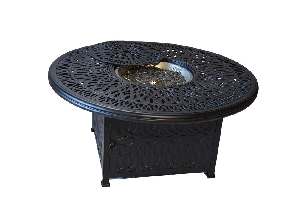 Grand Tuscany Outdoor Patio 7 pcs Round Fire Gas 52" Dining Set Dark Bronze Cast Aluminum Sunbrella Cushions (Set with 6 Regular Chairs) Patio Land