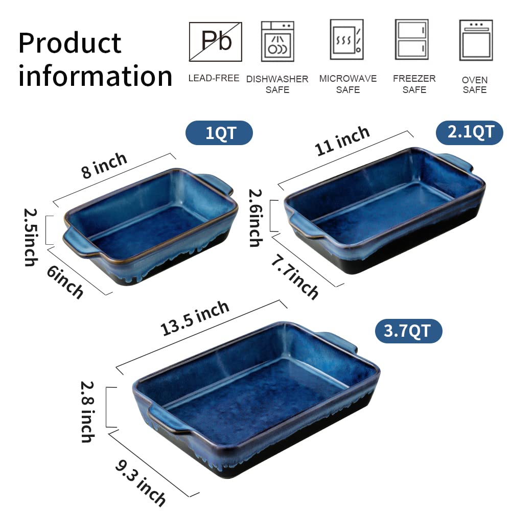 KOOV Bakeware Set, Ceramic Baking Dish Set, Rectangular Casserole Dish Set, lasagna Pan, Baking Pans Set for Cooking, Cake Dinner, Kitchen, 9 x 13 Inches, Reactive Glaze 3-Piece (Nebula Blue) KOOV