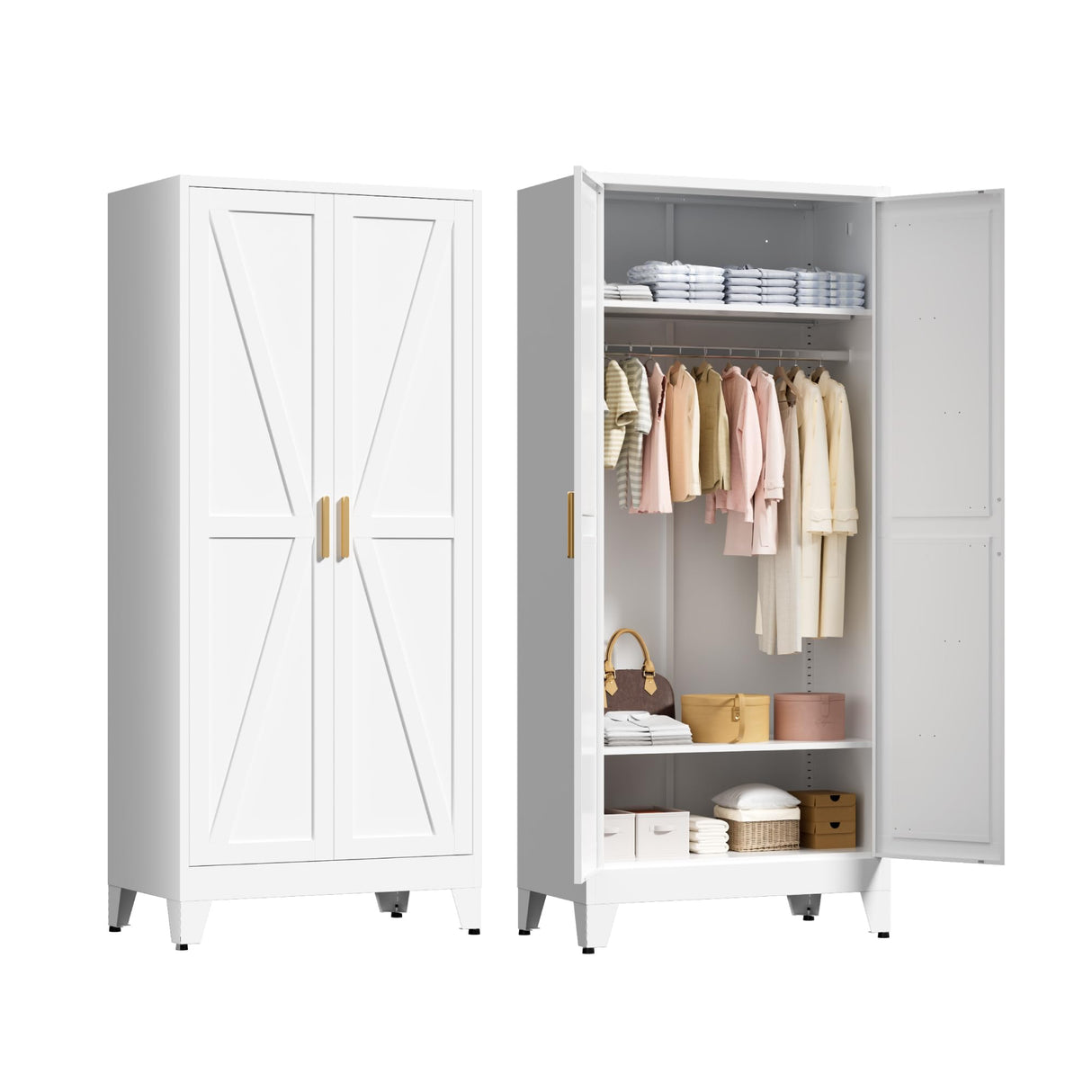 LCAOPC 71" Tall Metal Wardrobe Closet with Adjustable Shelves and Hanging Rod, 2 Doors Free Standing Armoire Wardrobe Cabinet for Bedroom, Office, Laundry Room, White LCAOPC