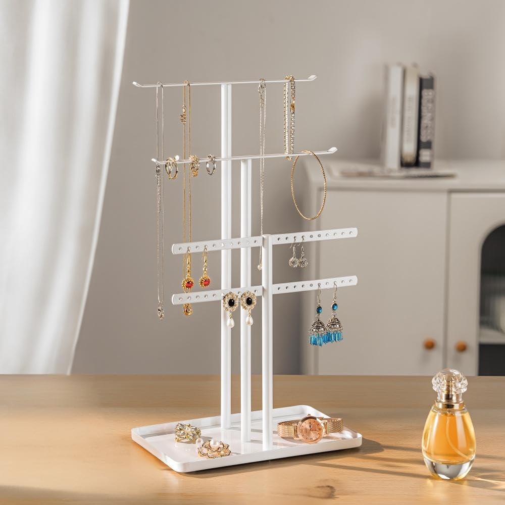 pickpiff Jewelry Stand Organizer, 14.5" Tall Sturdy Metal, 3-TierJewelry Holder for Necklace, Earring, Bracelet, Ring, Hanger for Display and Storage, Aesthetic Room Decor, White pickpiff