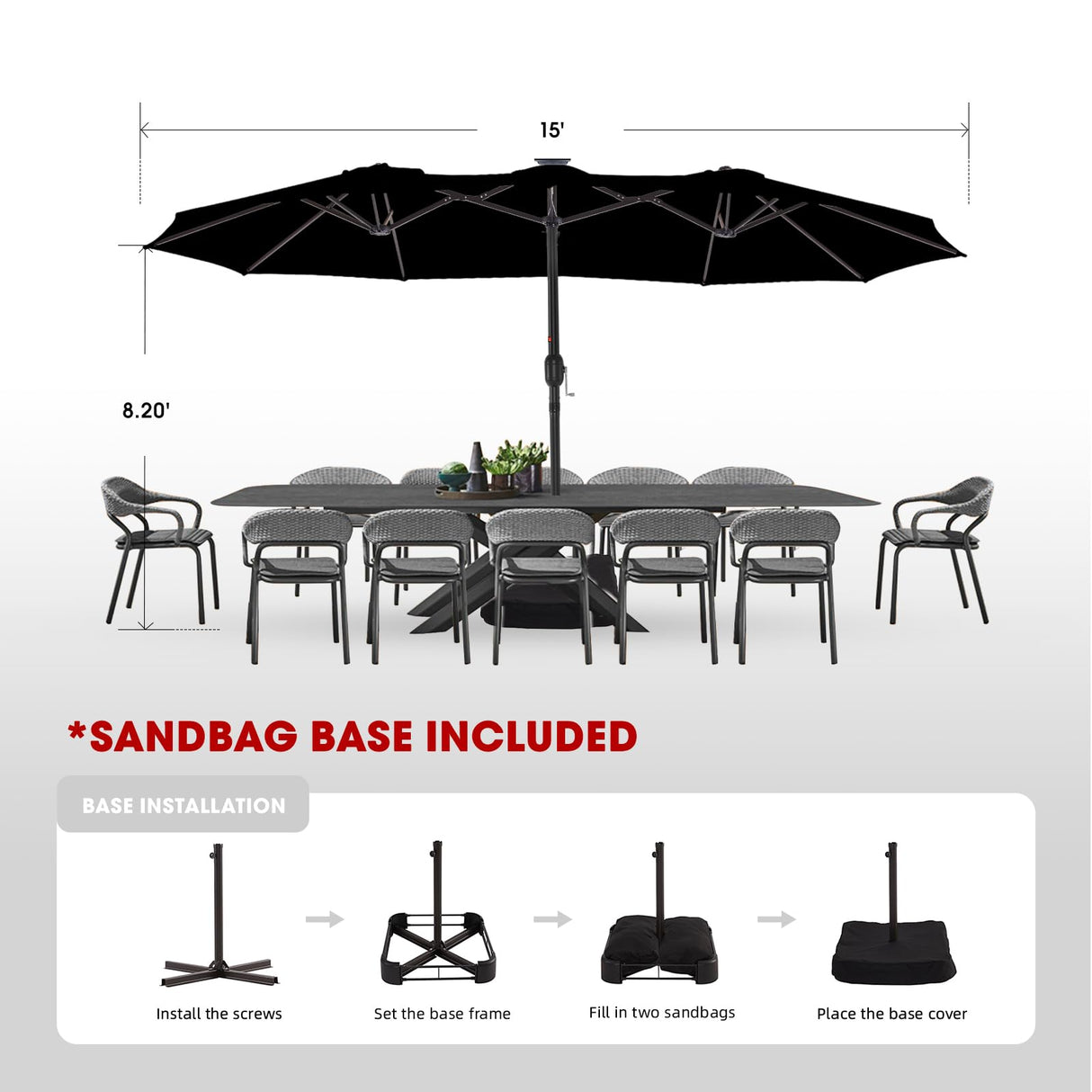 wikiwiki 15ft Large Patio Umbrellas with Base Included, Outdoor Double-Sided Umbrella with Crank Handle, Powerful UV Protective, for Pool Lawn Garden, Black wikiwiki