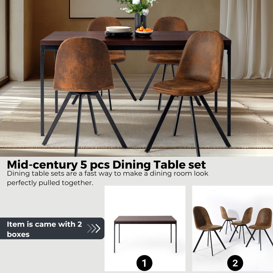 Homy Casa 5 Piece Mid-Century Modern 59" Rectangular Table & Chair Set for Dining Kitchen Room, 4 Upholstered Swivel Chairs in Suede Brown Homy Casa