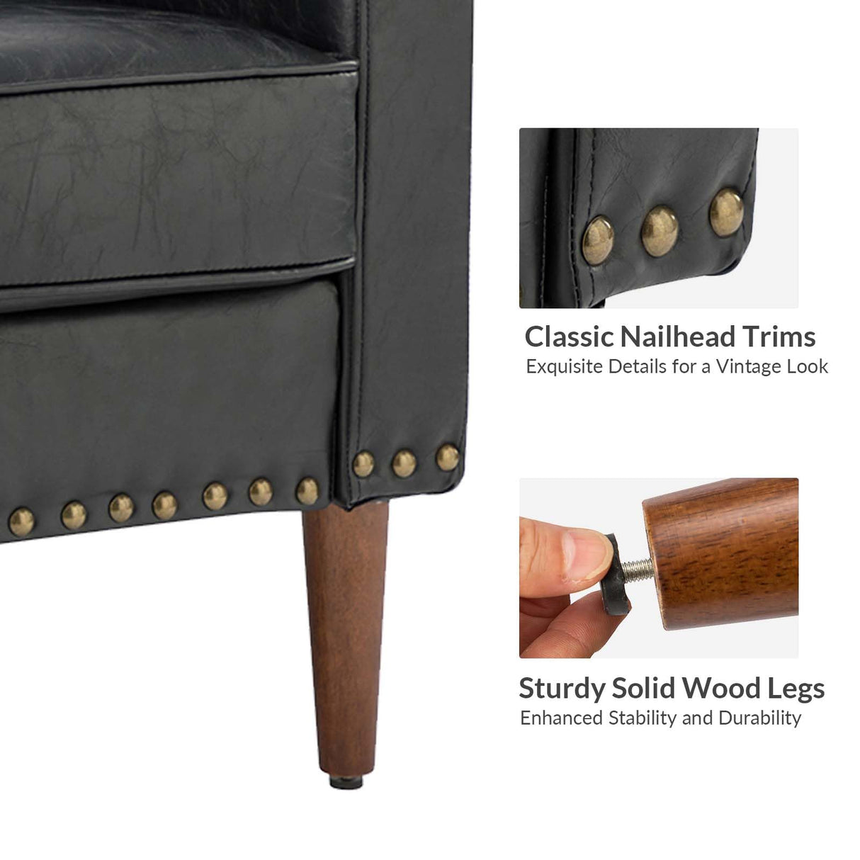 HULALA HOME Faux Leather Accent Armchair with Back & Seat Cushions, Traditional Club Chair with Nailhead Trim, Comfy Upholstered Sofa Chair for Bedroom & Living Room, Black HULALA HOME