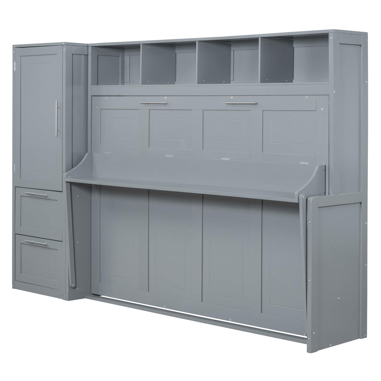 SOFTSEA Queen Size Horizontal Murphy Bed, Queen Murphy Bed with Desk Wardrobe Storage Shelf, Queen Hideaway Wall Bed with Drawers Space-Saving for Guest Room Bedroom or Office, Gray SOFTSEA