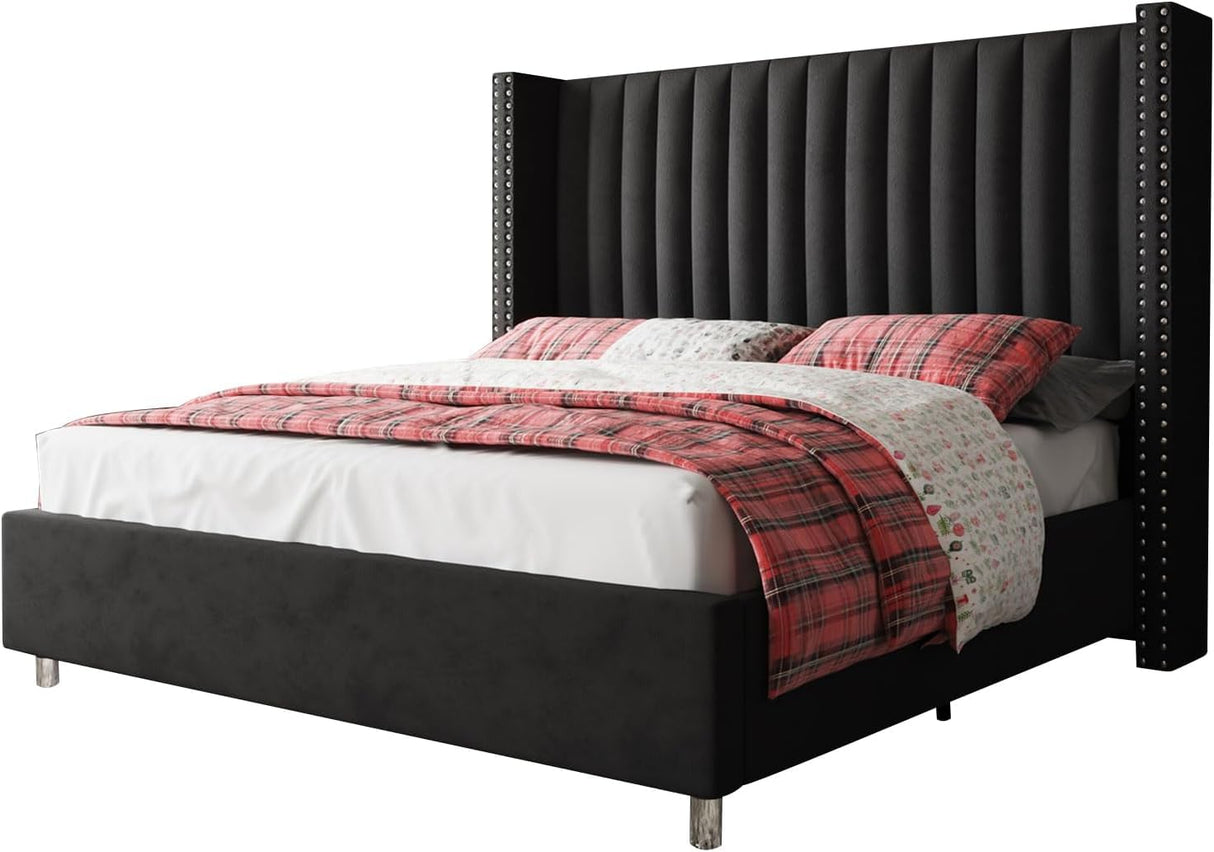 Jocisland King Size Bed Frame Upholstered Platform Bed with Tall Headboard Wingback, Velvet Vertical Channel Tufted, No Box Spring Needed, Easy Assembly, Black Jocisland