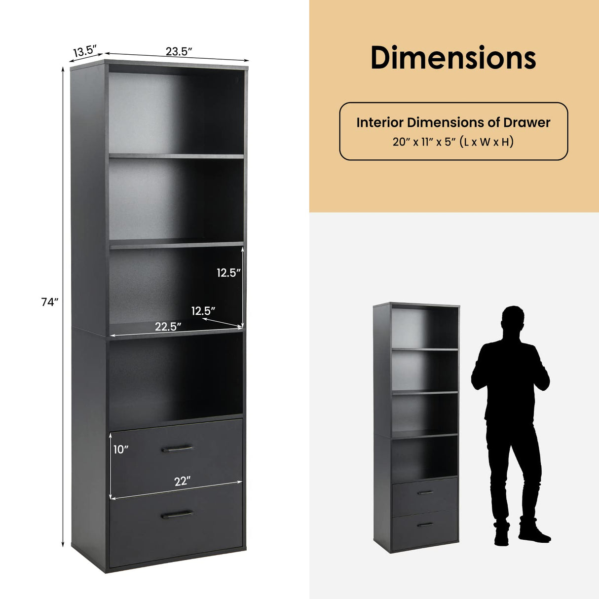 IFANNY 4 Shelf Bookcase with Drawers, Tall Bookshelves and Bookcases, Vertical Bookshelf Tower, Wood Storage Shelves, Modern Book Shelf for Bedroom, Living Room, Home Office (Black) IFANNY