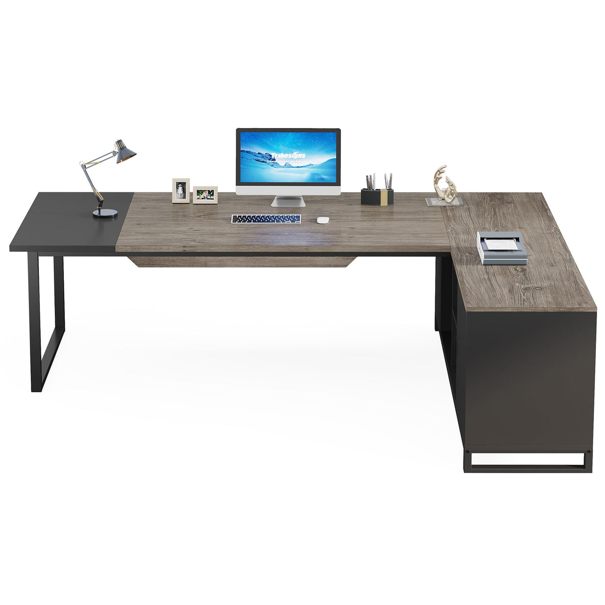 Tribesigns 70.8-Inch Executive Desk with 55-Inch File Cabinet, Large L Shaped Computer Desk with Storage Cabinet and Shelves, Industrial L-Shaped Desk for Home Office, Retro Gray & Black Tribesigns