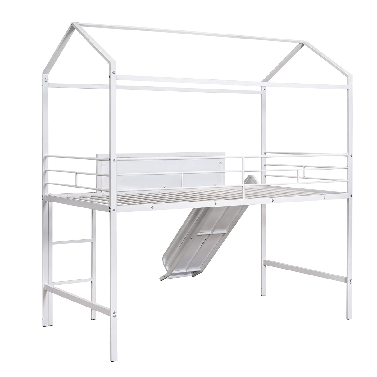 Harper & Bright Designs Twin Size House Loft Bed with Slide, Metal Loft Bed Frame Twin with Ladder, Kids Playhouse Loft Bed with Writing Board for Girls Boys, No Box Spring Needed, White Harper & Bright Designs