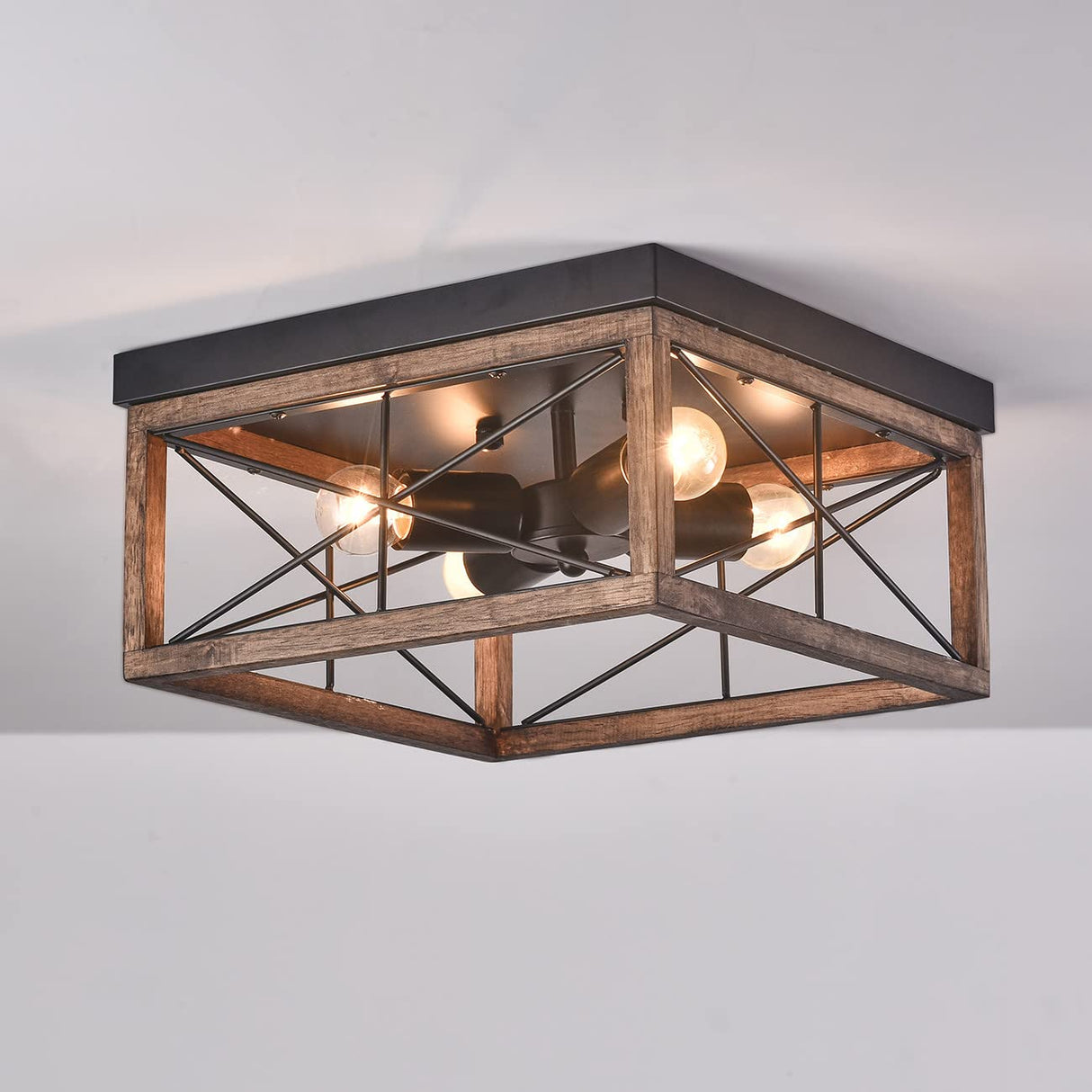 Aiwen 4-Light Rustic Wood Flush Mount Ceiling Light Metal Square Cage Farmhouse Lighting Close to Ceiling Light Fixture Black for Dining Room Bedroom Living Room Kitchen Hallway Entryway Foyer Aiwen