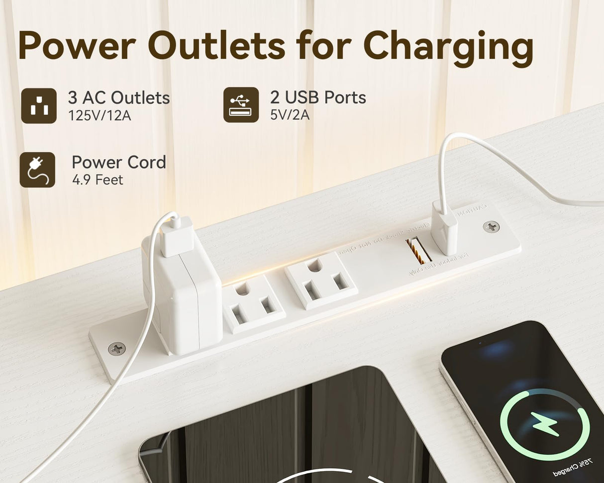 KKL 43" W White Dresser for Bedroom with Hanging Rack, Reversible 6 Drawers Dresser with Led Lights & Charging Station, Fabric Closet Dressers & Chest of Drawers with Clothes Rack for Girls, Kids KKL