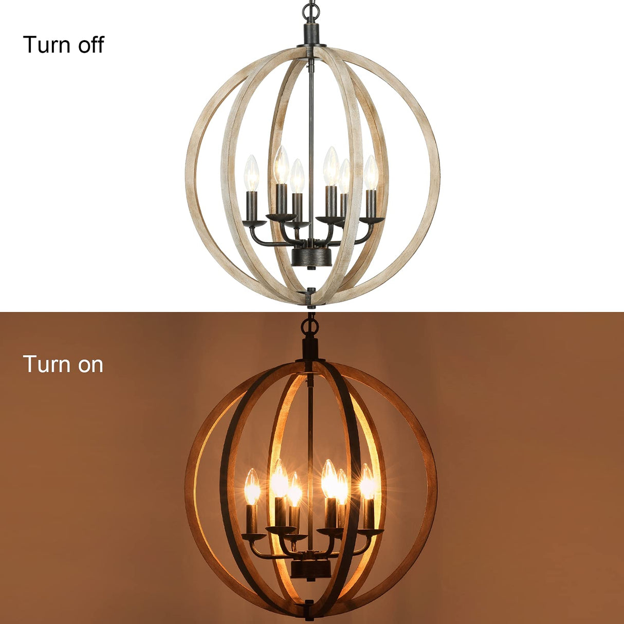 Eco-homely 6 Lights Farmhouse Chandelier - Orb Rustic Wooden Globe Chandelier for Kitchen Island, Foyer, Bedroom and Living Room (20 Inches, 6 Light) Eco-homely