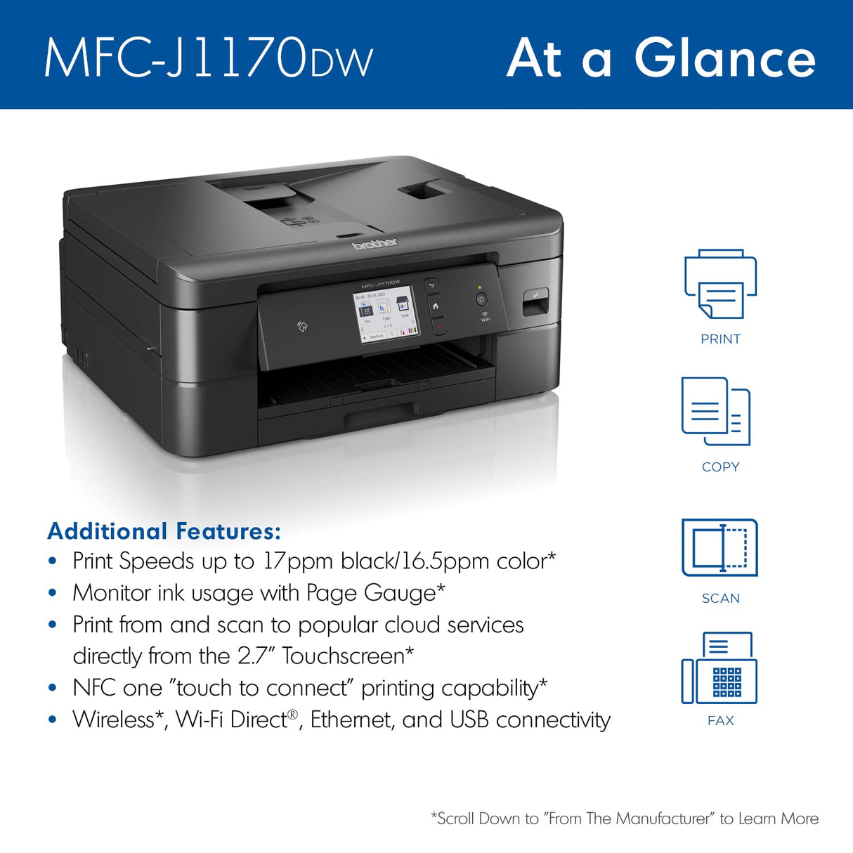 Brother MFC-J1170DW Wireless Color Inkjet All-in-One Printer with Mobile Device Printing, NFC, Cloud Printing & Scanning, Refresh Subscription and Amazon Dash Replenishment Ready Brother