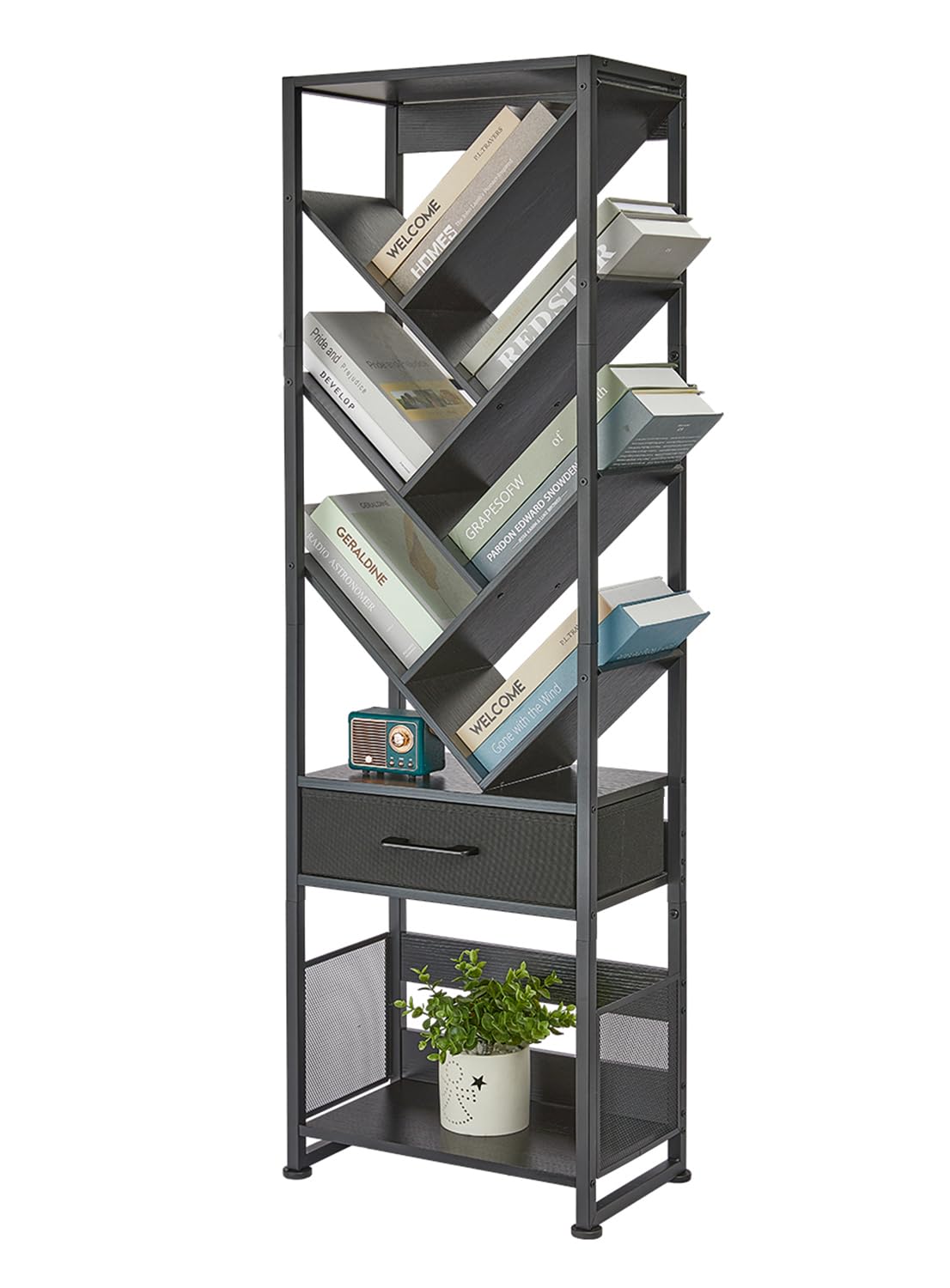 ZEXVIDA Bookshelf with Drawer,10 Tier Tree Bookcase Retro Floor Standing Bookshelves,Tall Wood Bookcases with Cabinet Storage Organizer for Living Room, Bedroom & Home Office, Black ZEXVIDA