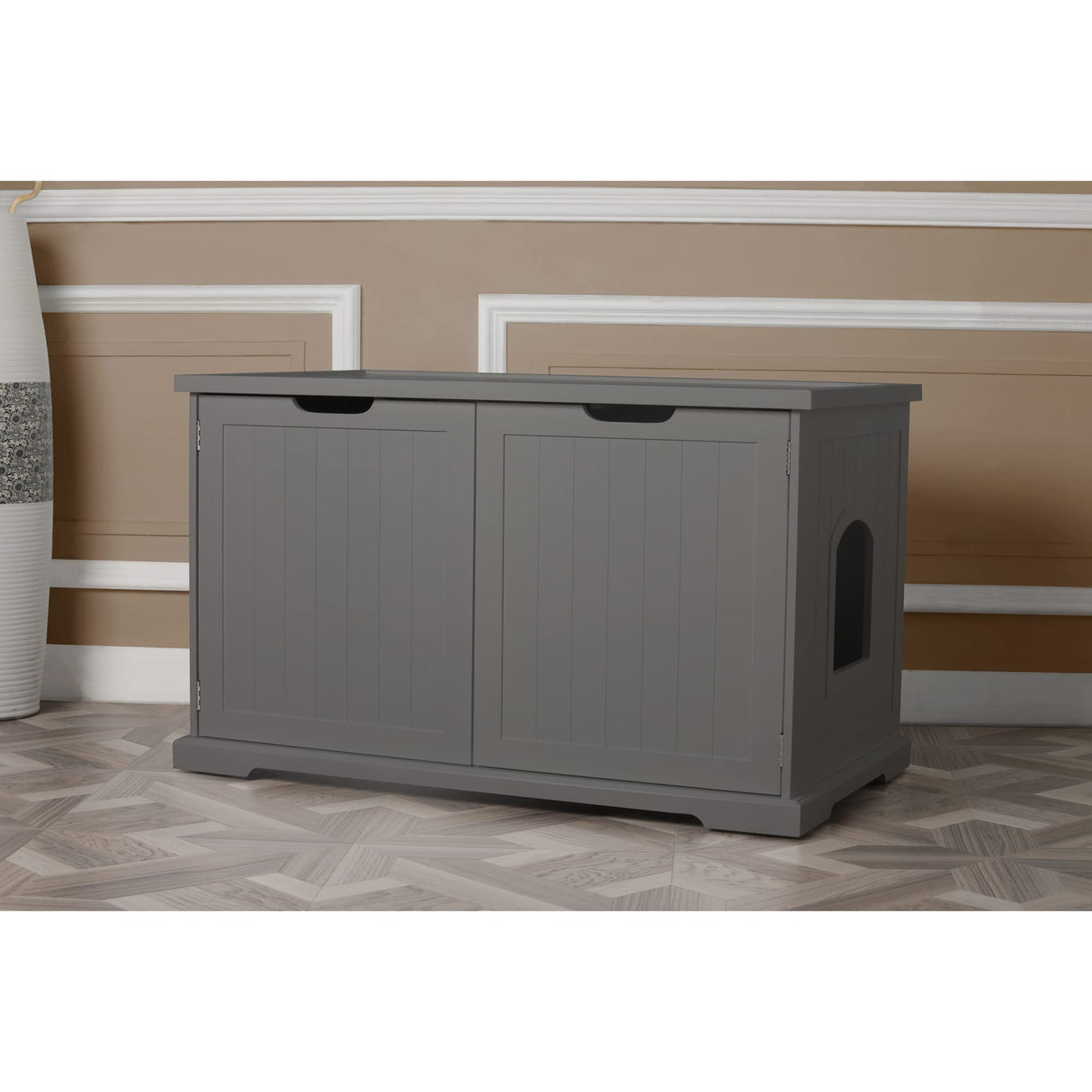 Merry Products Adjustable Pet Cat Washroom Storage Bench Furniture with Removable Partition Wall for All Size Litter Boxes, Gray Merry Pet