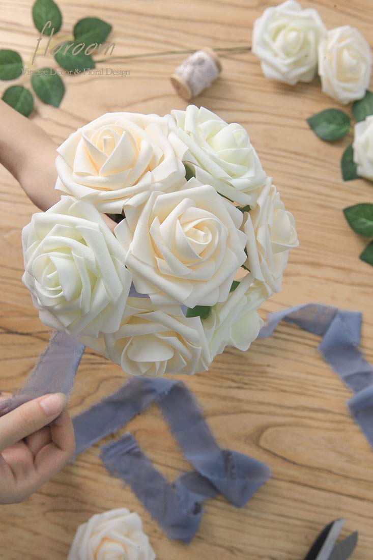 Floroom Artificial Flowers 25pcs Real Looking Ivory Foam Fake Roses with Stems for DIY Wedding Bouquets White Bridal Shower Centerpieces Arrangements Party Tables Decorations Floroom