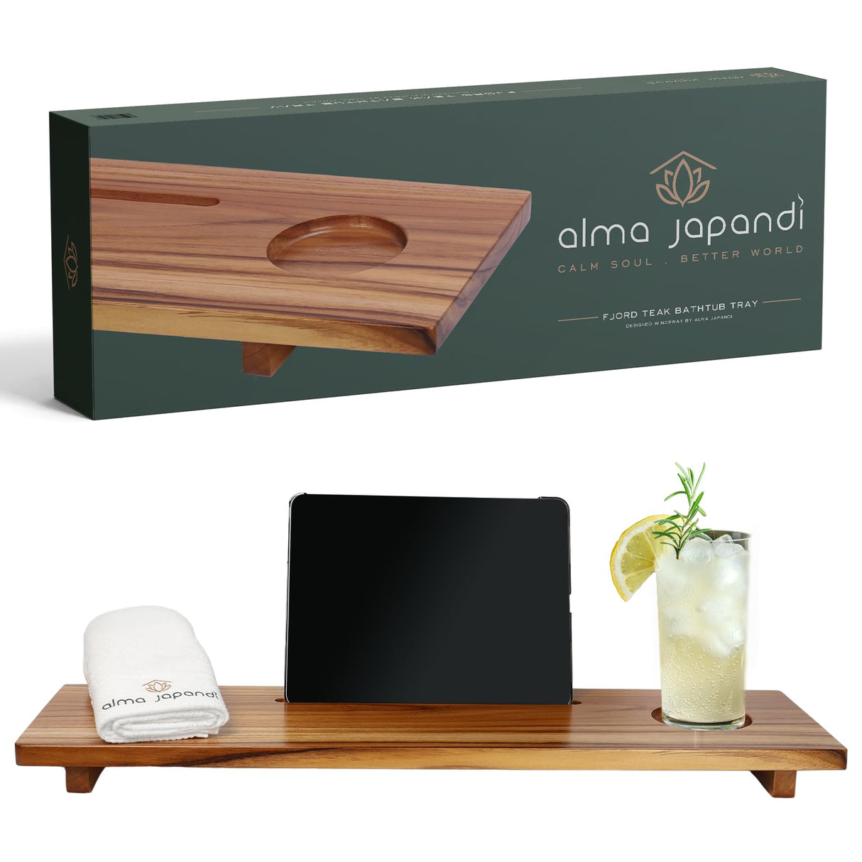 Fjord Teak Bathtub Tray - Towel & Gift Box Bundle - Sustainable Minimalist Wood Bath Tray for Tub - Fits Standard Bathtubs - Relaxing Bathtub Accessories Holder - Bath Caddy 29x8.5 in. Alma Japandi