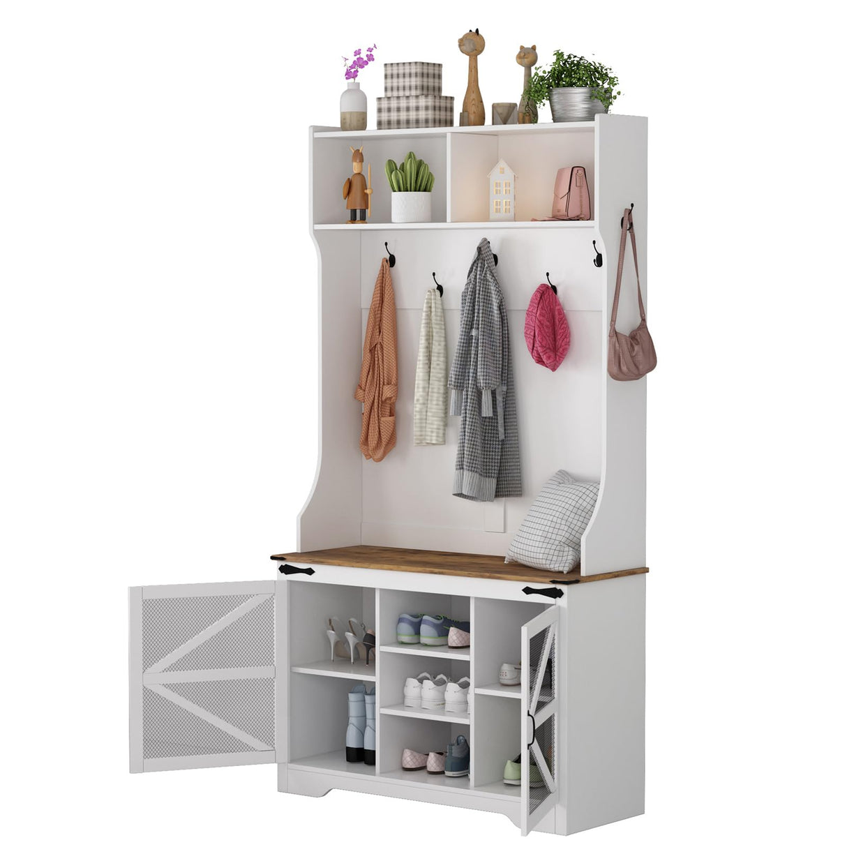 MilleLoom Hall Tree with Shoe Storage, 4-in-1 Coat Rack with 7 Shoe Cubbies & 7 Coat Hooks, Farmhouse Entryway Bench Mudroom Storage Cabinet for Hallway, 42" W x 15.7" D x 77" H, White MilleLoom