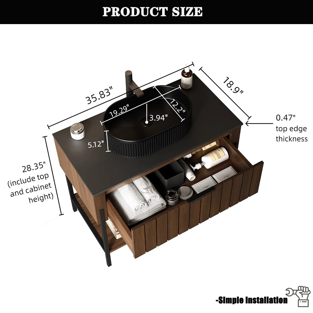 36 Inch Bathroom Vanity with Sink, Dark Walnut Vanity Bathroom Sink and Cabinet Combo, Bathroom Vanities w/Drawer and Metal Supporting Structure & Freestanding Striped Design - Miami, Dark Walnut RAINLUX