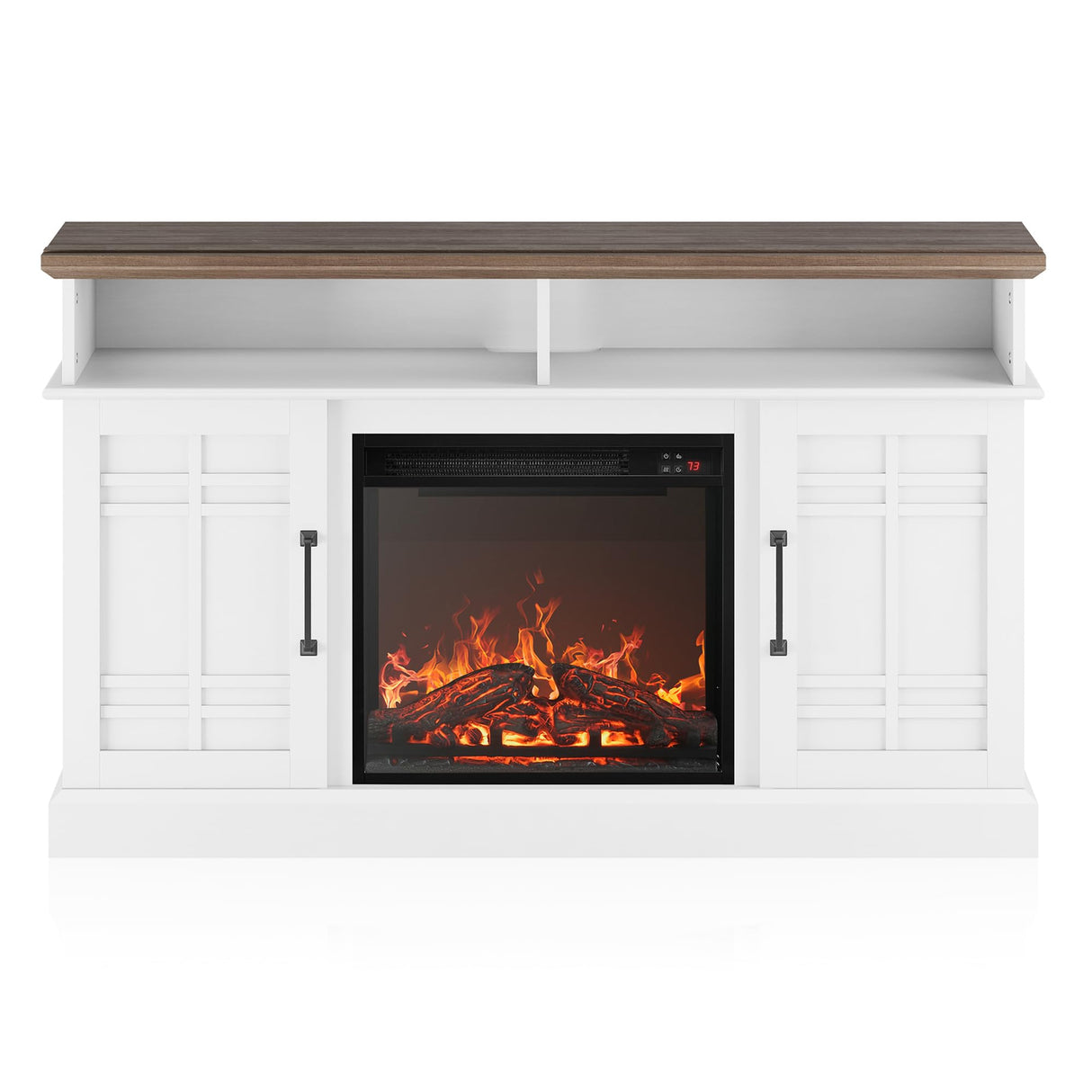 BELLEZE 48" TV Stand with 18" Electric Fireplace Heater, Modern TV Stand for TVs up to 50", Entertainment Media Stand with Open Shelves and Storage Cabinets for Living Room, Bedroom (White) BELLEZE