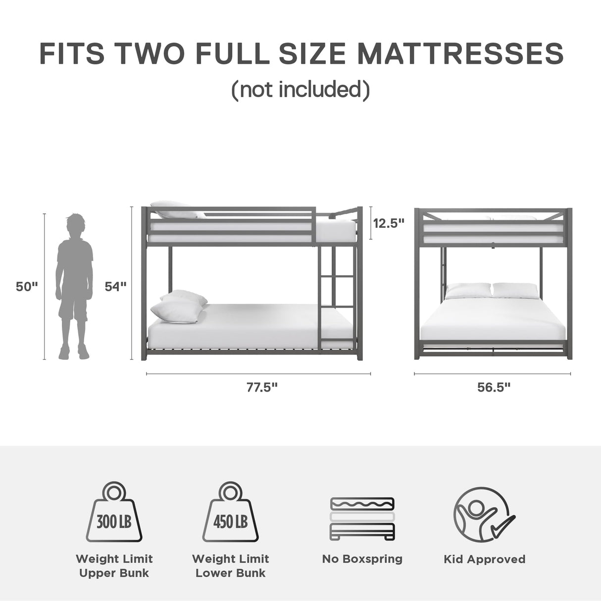 DHP Miles Low Metal Bunk Bed Frame for Kids, With Built-in Ladder, High Guardrail and Metal Slats, Floor Bed Bottom Bunk, No Boxspring Required, For Small Spaces, Full-Over-Full, Silver DHP