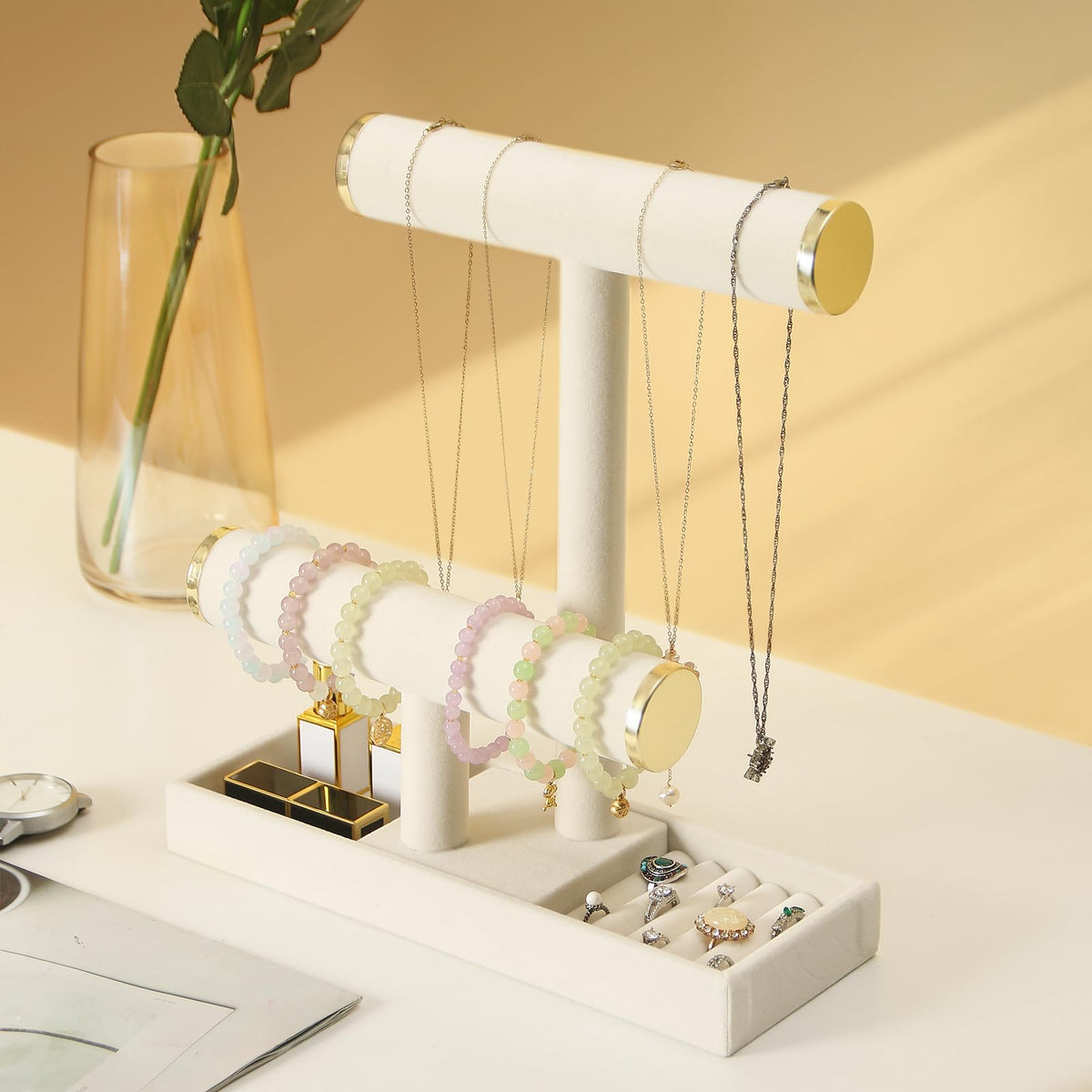 Pangkeep Jewelry Holder Stand,2 Tier Necklace Bracelet Organizer with Tray,Jewelry Displays for Selling Bangles Scrunchie Hair ties Watches and Chains (Beige) Pangkeep