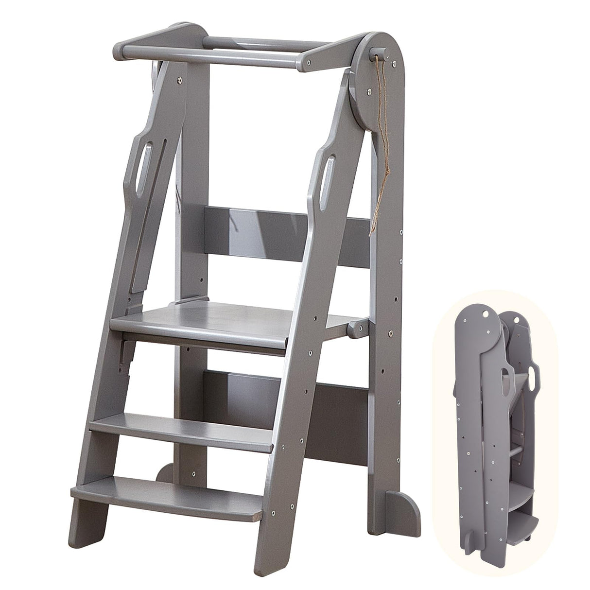 FUNLIO 3-Level Height Adjustable Kitchen Step Stool, Foldable Toddler Tower for Kids 2-6 Years, Montessori Child Standing Tower, CPC & CE, Easy to Assemble, Grey FUNLIO