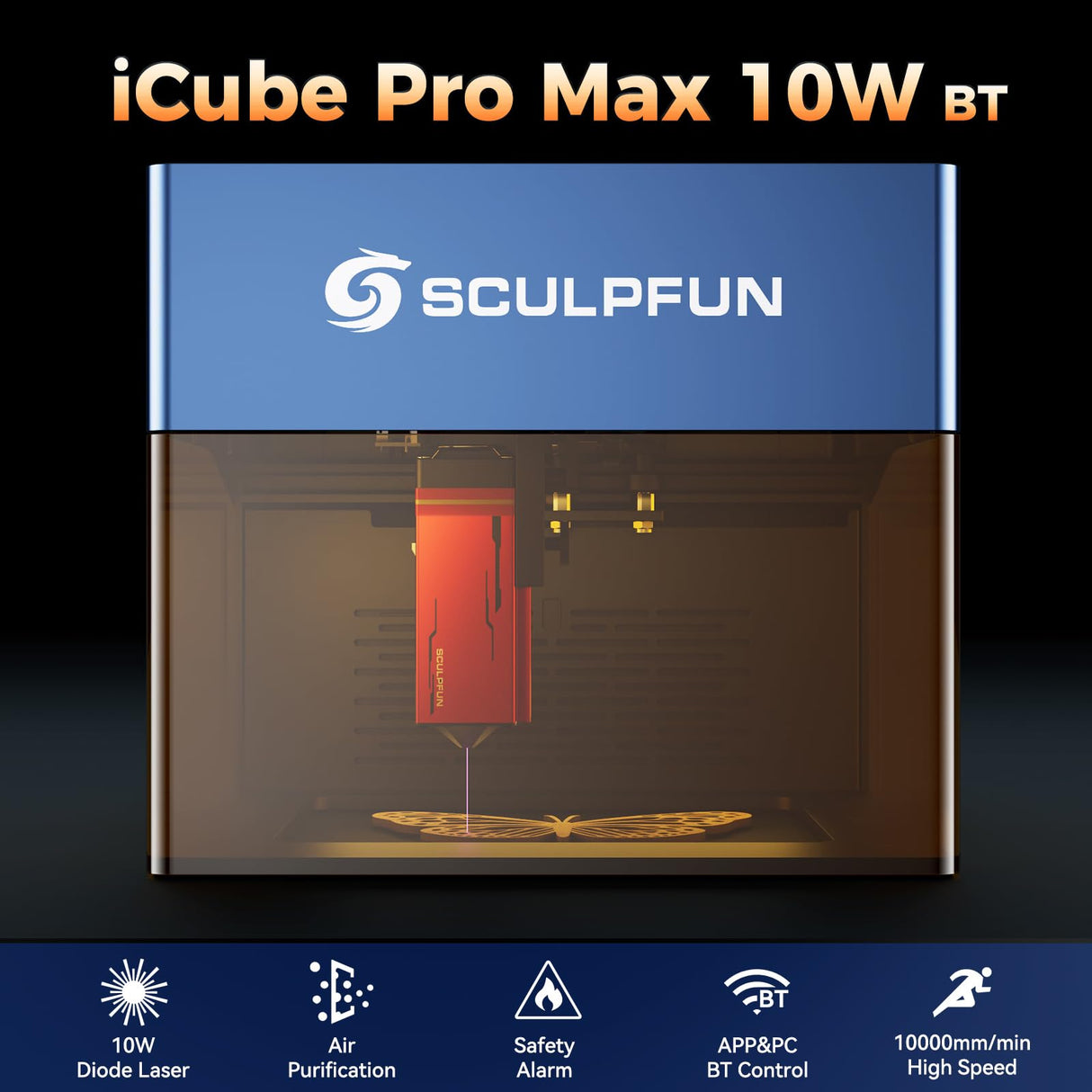 SCULPFUN iCube Pro Max 10W Mini Laser Engraver, High Speed Portable Laser Engraver and Cutter Machine with Smoke Filter and Temperature Alarm for Wood, Metal, Acrylic, Leather SCULPFUN