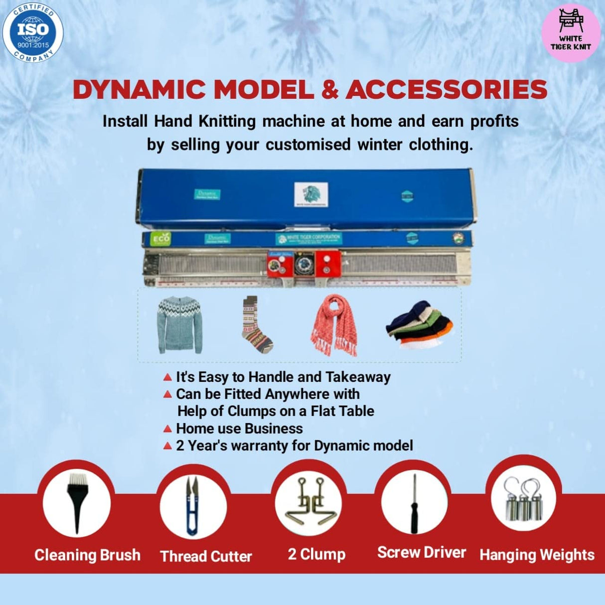 WHITE TIGER KNIT Wool Knitting Machine for Home, Dynamic Model with 180 SPM Sewing Speed, Your Favorite Designs of Cap, Hat, Top, Muffler, Shawl, Scarf, Sweater & Socks at Beginners Kit, 55x16x8 CM WHITE TIGER KNIT