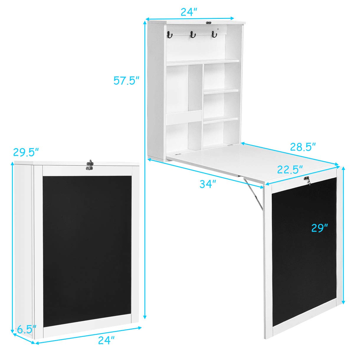 IFANNY Folding Wall Desk, Wall Mounted Fold Out Desk with Storage Shelves & Hooks, Hideaway Desk Wall Mount with Chalkboard, Floating Corner Desk for Small Spaces (White) IFANNY