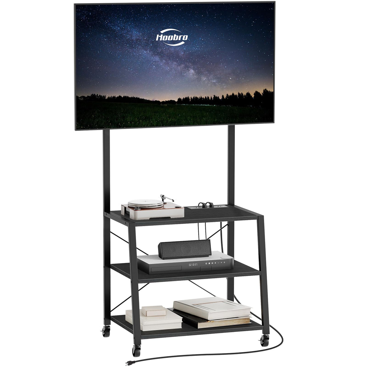 HOOBRO Rolling TV Stand with Mount and Power Outlet Up to 55 inch TVs, Corner Entertainment Center, Small TV Stand with 3-Tier Storage Shelves for Living Room, Bedroom, Black BB66UDS01 HOOBRO