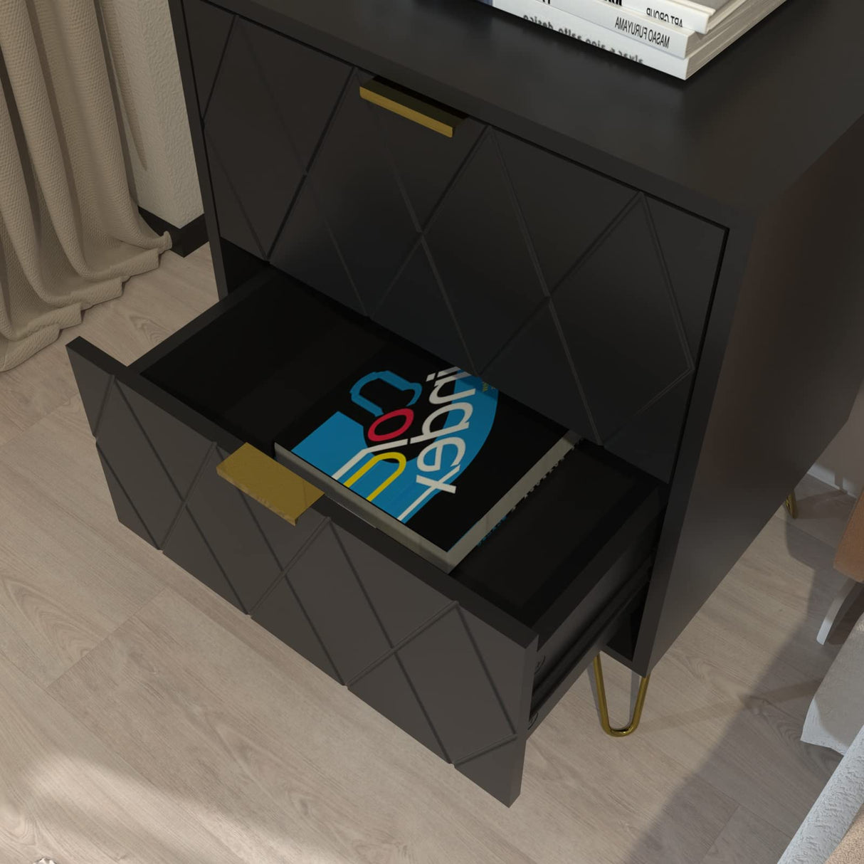 Anbuy Black Nightstand Set of 2 with Gold Handle, Bedside Table with 2 Drawers, Night Stands Set of 2 Gold Legs for Bedroom Living Room Anbuy