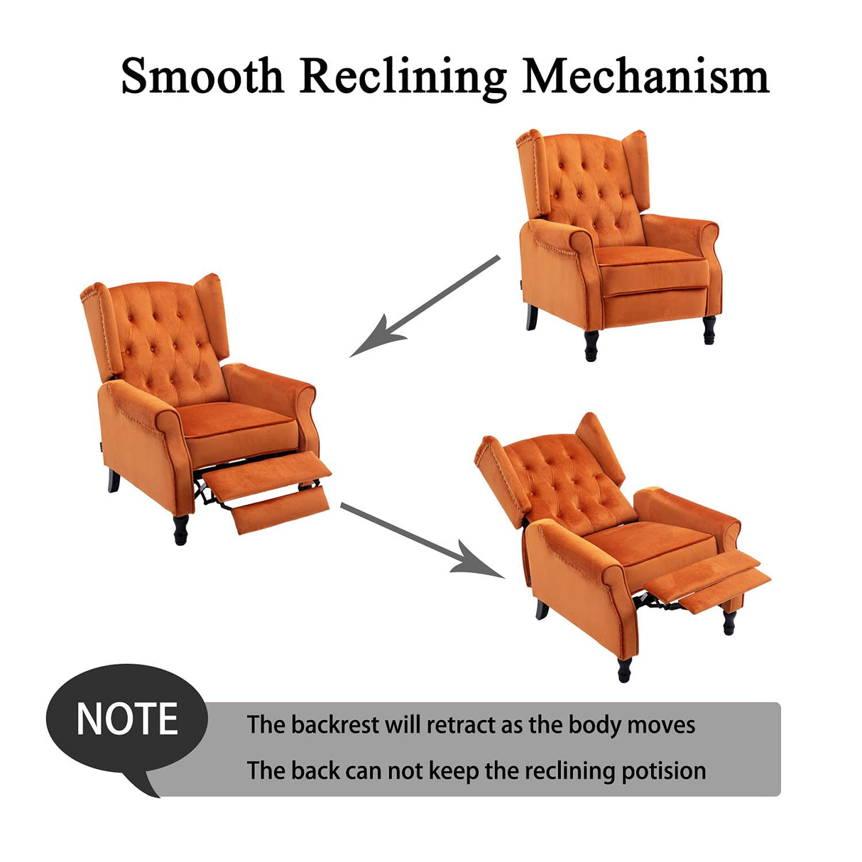 Altrobene Velvet Accent Chair, Push Back Recliner Chair, Wingback Arm Chair for Living Room/Bedroom/Home Theater/Reception Area, Caramel Altrobene