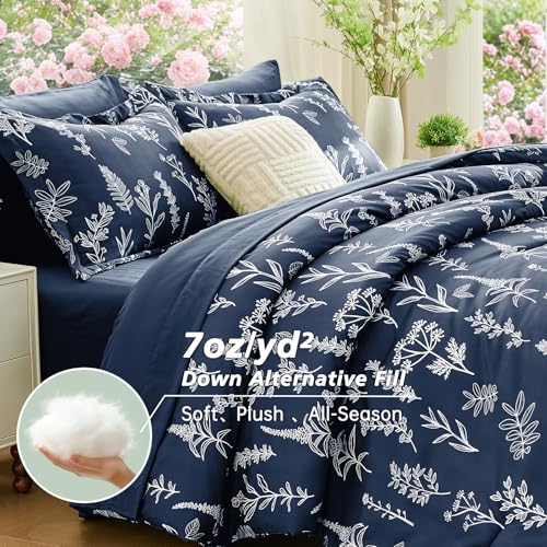 MUXHOMO Navy Blue Bed in a Bag Queen 7 Pieces, Queen Comforter Set Reversible Botanical Flowers Design, Ultra Soft & Breathable Bedding Sets with Comforter, Sheets, Pillowcases & Shams MUXHOMO
