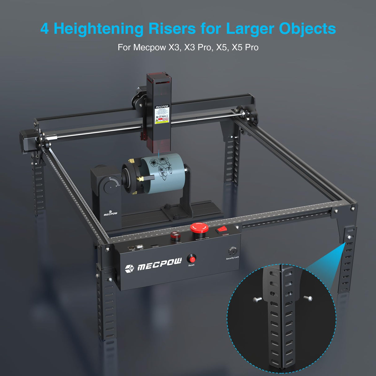 Mecpow G5 Laser Rotary Roller with Three Angle-Adjustable Grippers for Multi-Shaped Objects, Compatible with Almost All The Laser Engraving Machines, Laser Rotary Roller with Heightening Bracket Mecpow