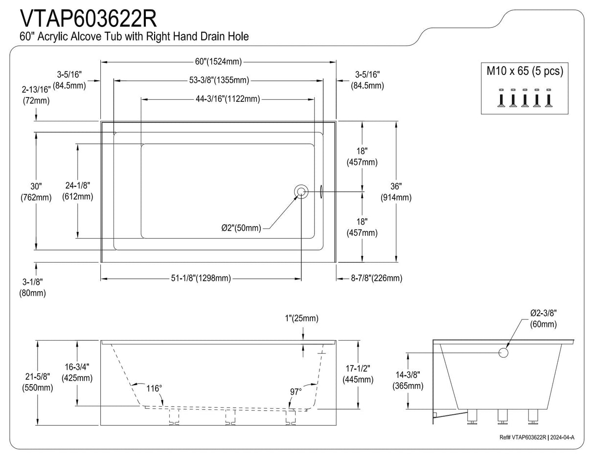 Kingston Brass Aqua Eden VTAP603622R 60-Inch Acrylic Alcove Tub with Right Hand Drain, White Kingston Brass