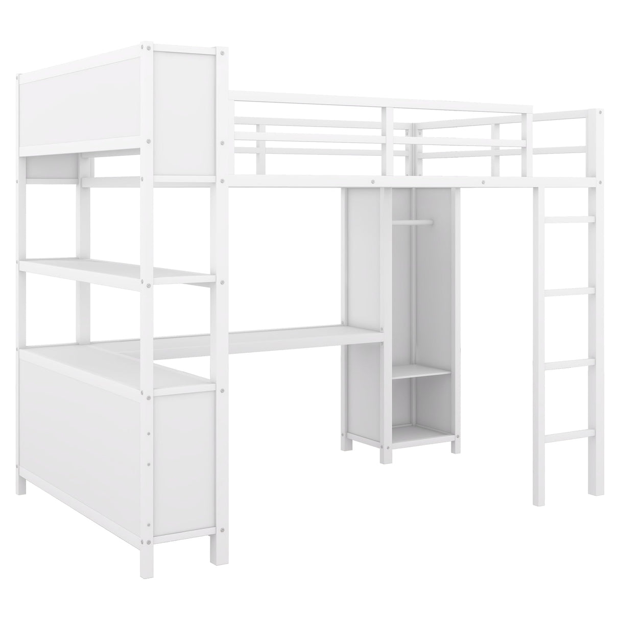 Bellamave Metal Loft Bed with Wardrobe and L-Shaped Desk, Full Size Loft Bed with Storage Cubes and Shelves, Heavy Duty Loft Bed for Kids Teens Adults, White Bellemave